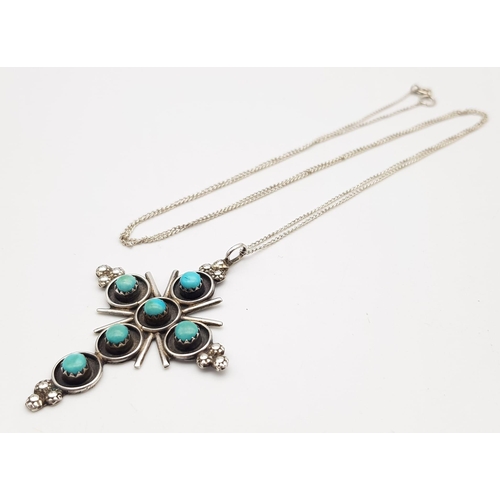 1281 - A Vintage Silver Ornate Turquoise Set Cross Pendant Necklace. Cross Measures 5.5cm Length on 66cm Le... 