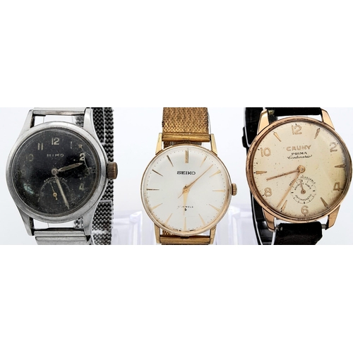 1361 - Three Interesting Vintage Watches: Seiko, Cauny and a Mimo. All as found.