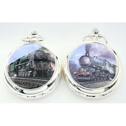 1373 - A Parcel of Two  Manual Wind Silver Plated Pocket Watches Comprising 
1) The Famous Steam Train ‘Eve... 