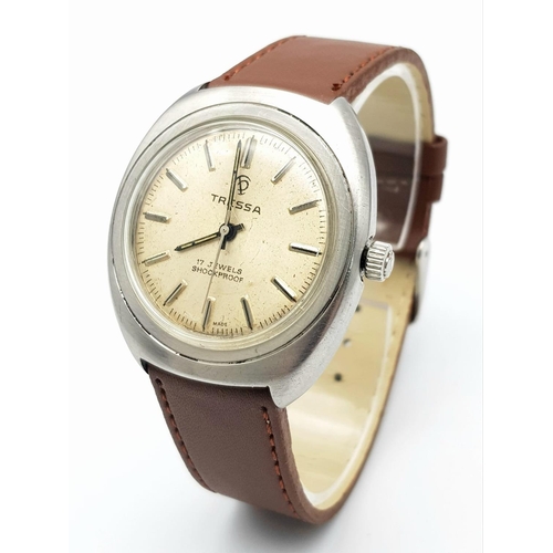 1209 - A Vintage Tressa Automatic Gents Watch. Brown leather strap. Stainless steel case - 36mm. Metallic g... 