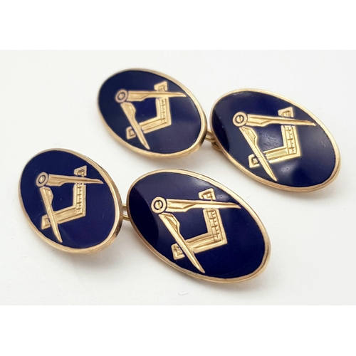 15 - A Pair of Vintage 9K and Blue Enamel 'Masonic' Cufflinks. 9.5g total weight.