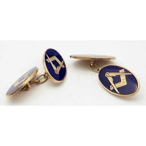 15 - A Pair of Vintage 9K and Blue Enamel 'Masonic' Cufflinks. 9.5g total weight.