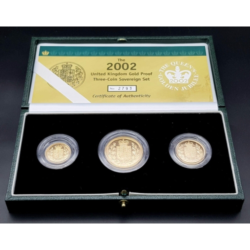 37 - A Royal Mint 2002 Three Sovereign 22K Gold Proof Coin Set. This set features a double sovereign, sov... 