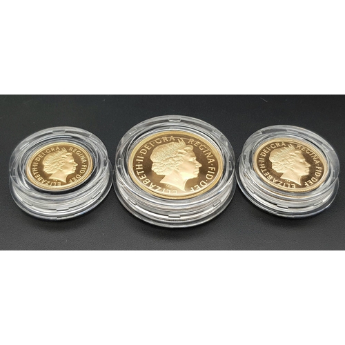 37 - A Royal Mint 2002 Three Sovereign 22K Gold Proof Coin Set. This set features a double sovereign, sov... 