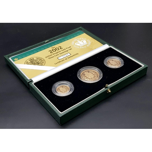 37 - A Royal Mint 2002 Three Sovereign 22K Gold Proof Coin Set. This set features a double sovereign, sov... 