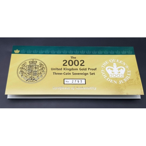 37 - A Royal Mint 2002 Three Sovereign 22K Gold Proof Coin Set. This set features a double sovereign, sov... 