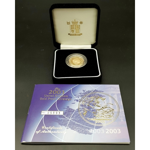 43 - A Royal Mint Queen Elizabeth II 2003 Proof 22K Gold Full Sovereign. Classic George and Dragon design... 