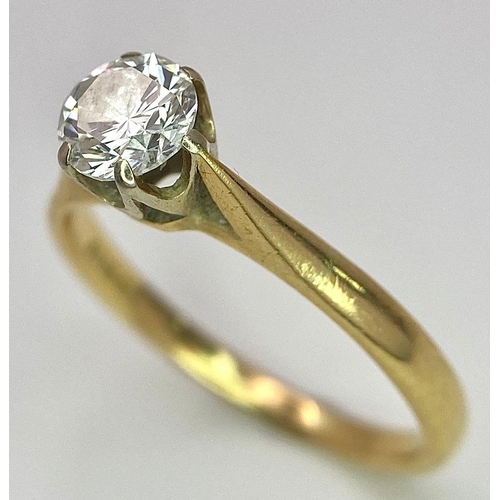 44 - An 18K Yellow Gold Diamond Solitaire Ring. 0.75ct brilliant round cut diamond. Size N. 2.65g total w... 