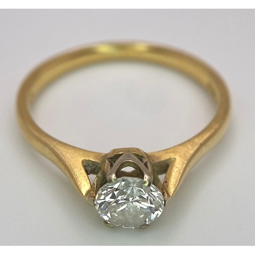 44 - An 18K Yellow Gold Diamond Solitaire Ring. 0.75ct brilliant round cut diamond. Size N. 2.65g total w... 