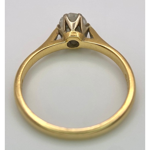 44 - An 18K Yellow Gold Diamond Solitaire Ring. 0.75ct brilliant round cut diamond. Size N. 2.65g total w... 