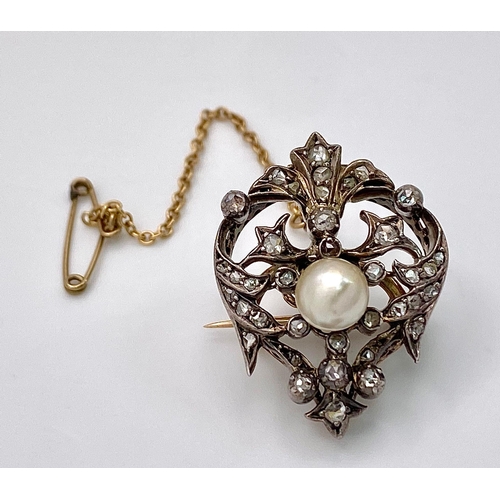 45 - A Wonderful Antique Victorian Gold, Silver, Pearl and diamond Brooch. A rich mid-karat gold base wit... 