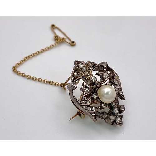 45 - A Wonderful Antique Victorian Gold, Silver, Pearl and diamond Brooch. A rich mid-karat gold base wit... 