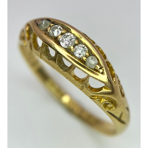 59 - A Vintage 18K Yellow Gold Five Stone Diamond Ring. Full UK hallmarks. Size P. 2.5g total weight.