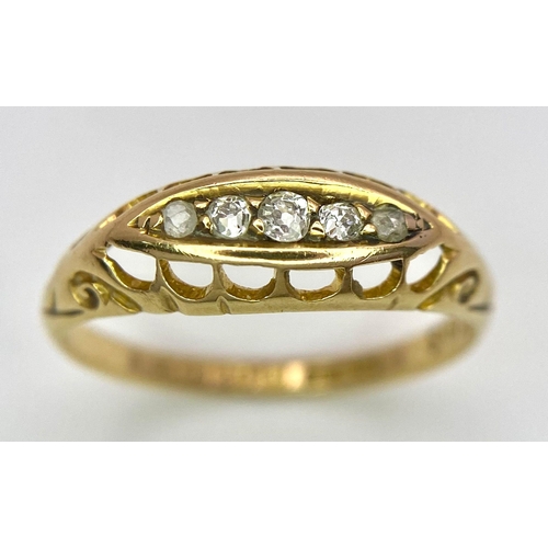 59 - A Vintage 18K Yellow Gold Five Stone Diamond Ring. Full UK hallmarks. Size P. 2.5g total weight.