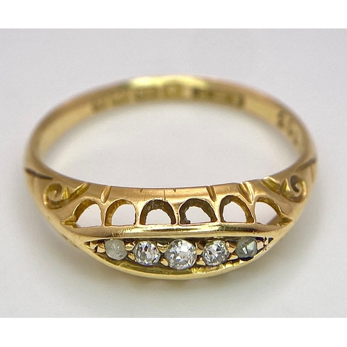 59 - A Vintage 18K Yellow Gold Five Stone Diamond Ring. Full UK hallmarks. Size P. 2.5g total weight.