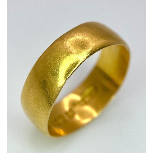 8 - A Vintage 22K Yellow Gold Band Ring. Size J. 2.88g. Full UK hallmarks.