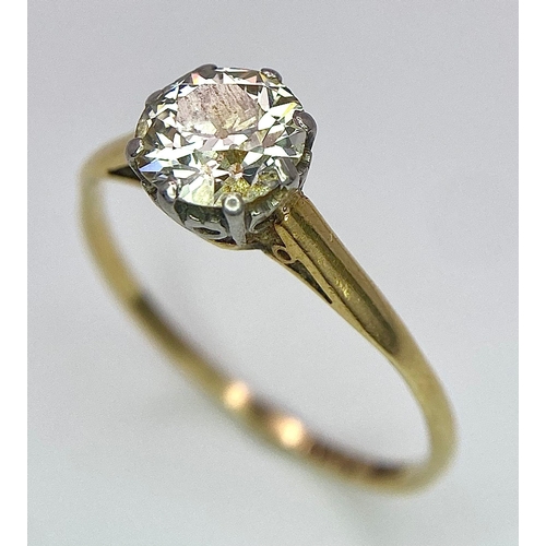 93 - A Vintage 18K Yellow Gold and Platinum Diamond Solitaire Ring. 1ct brilliant round cut diamond. Size... 