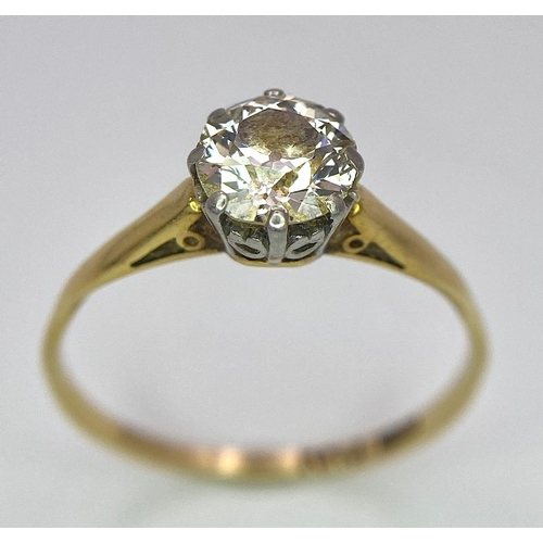 93 - A Vintage 18K Yellow Gold and Platinum Diamond Solitaire Ring. 1ct brilliant round cut diamond. Size... 