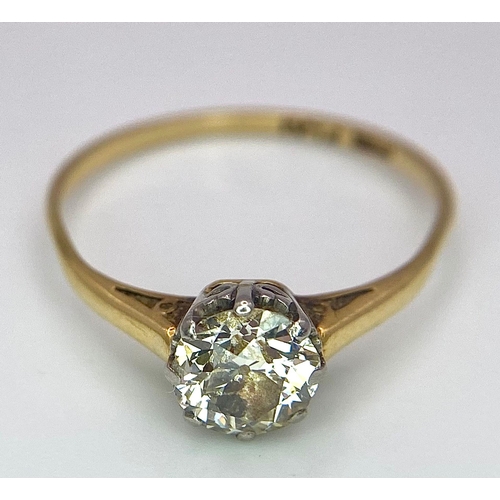 93 - A Vintage 18K Yellow Gold and Platinum Diamond Solitaire Ring. 1ct brilliant round cut diamond. Size... 