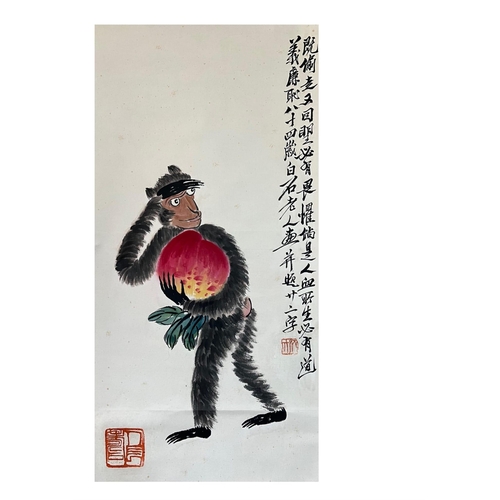 148 - A Celebration of longevity. Chinese ink and watercolour on paper scroll. Attributed to Qi Baishi - 1... 