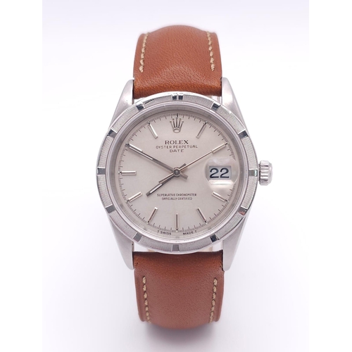 31 - A Rolex Oyster Perpetual Date Automatic Gents Watch. Brown leather strap. Stainless steel case - 34m... 