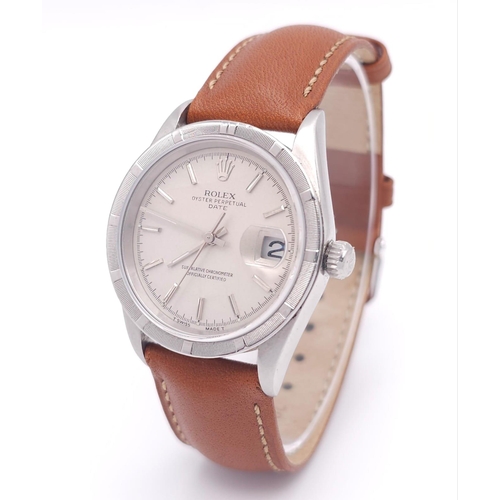 31 - A Rolex Oyster Perpetual Date Automatic Gents Watch. Brown leather strap. Stainless steel case - 34m... 