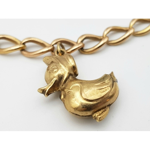 108 - A vintage 9 K rose gold chain bracelet with a padlock clasp and two chams (a snail and a duck). Good... 