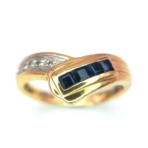 113 - A Stylish 18K Yellow Gold Diamond and Sapphire Crossover Ring. Size L. 3.6g total weight.