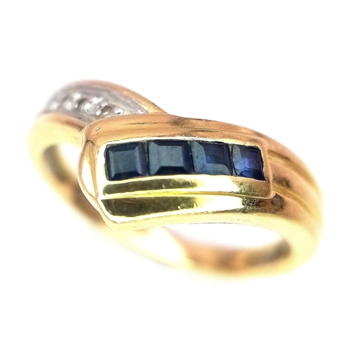 113 - A Stylish 18K Yellow Gold Diamond and Sapphire Crossover Ring. Size L. 3.6g total weight.