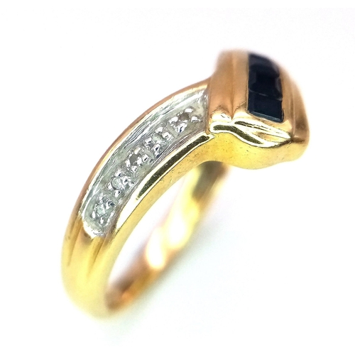 113 - A Stylish 18K Yellow Gold Diamond and Sapphire Crossover Ring. Size L. 3.6g total weight.