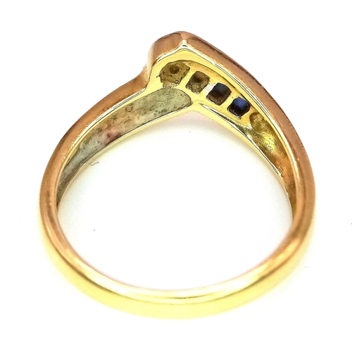 113 - A Stylish 18K Yellow Gold Diamond and Sapphire Crossover Ring. Size L. 3.6g total weight.