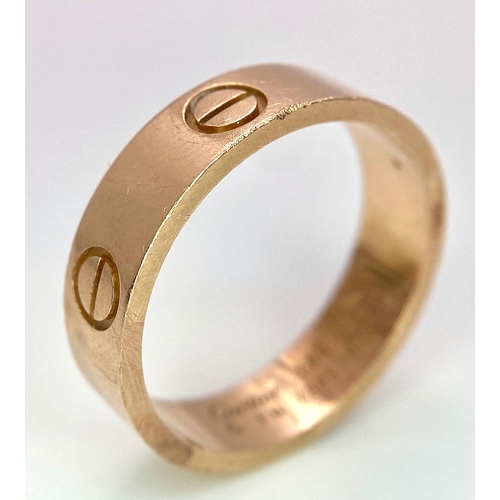 3 - A Cartier 18K Rose Gold Love Band Gents Ring. 6mm width. Cartier hallmarks. Size W. 8.6g weight. Ref... 