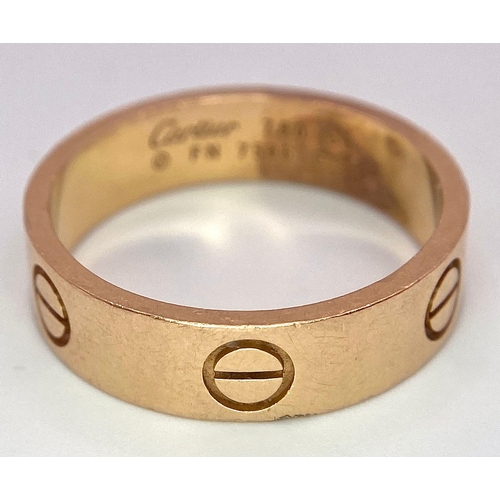 3 - A Cartier 18K Rose Gold Love Band Gents Ring. 6mm width. Cartier hallmarks. Size W. 8.6g weight. Ref... 