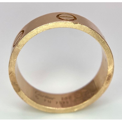 3 - A Cartier 18K Rose Gold Love Band Gents Ring. 6mm width. Cartier hallmarks. Size W. 8.6g weight. Ref... 