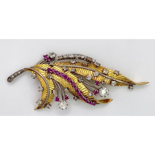 38 - A Spectacular 18K Gold (tested) Diamond and Ruby Leaf Brooch. 3ctw of brilliant round cut diamonds a... 