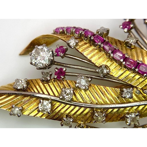 38 - A Spectacular 18K Gold (tested) Diamond and Ruby Leaf Brooch. 3ctw of brilliant round cut diamonds a... 