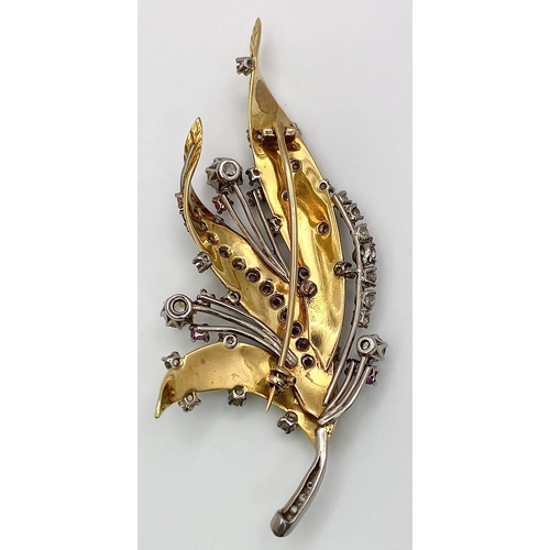 38 - A Spectacular 18K Gold (tested) Diamond and Ruby Leaf Brooch. 3ctw of brilliant round cut diamonds a... 