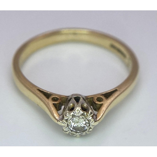 353 - A 9 K yellow gold diamond solitaire ring, size: J1/2, weight: 1.8 g.