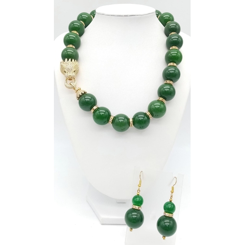 161 - An excellent quality, large beaded (20 mm diameter), spinach green jade necklace and earrings set wi... 