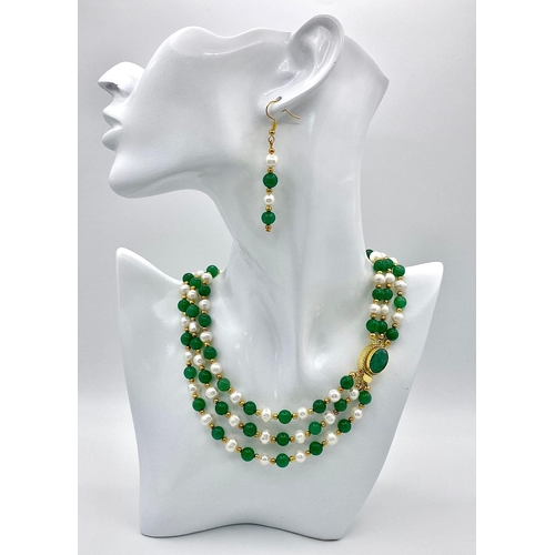 259 - A stunning, three row necklace of alternating green jade and natural white pearls from South Pacific... 