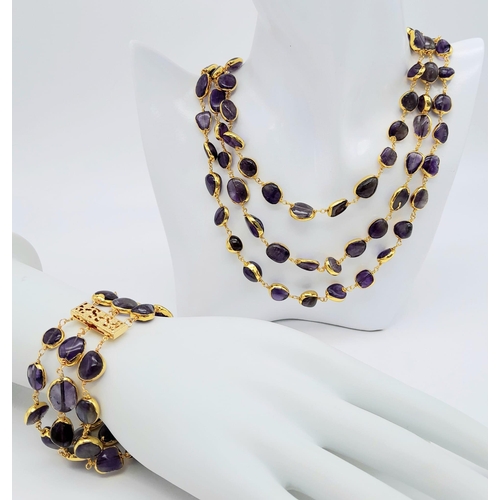 287 - A very attractive three row gilded amethyst necklace and bracelet. Necklace length: 44-52 cm, bracel... 