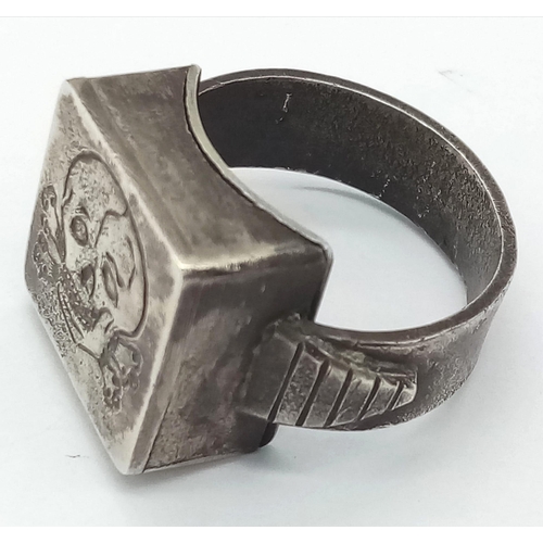 201 - 3rd Reich Waffen SS Totenkopf (Death’s Head) Division Bespoke Made Silver Ring with hidden compartme... 