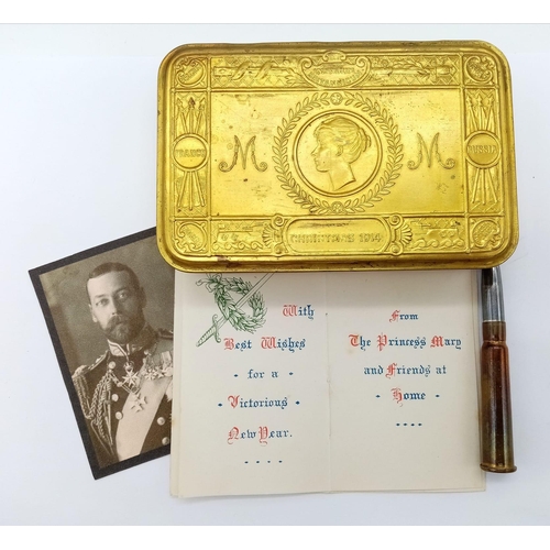 236 - WW1 British 1914 Princess Mary Christmas Tin with original pencil, Christmas Card & Picture of the K... 