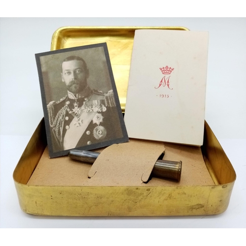 236 - WW1 British 1914 Princess Mary Christmas Tin with original pencil, Christmas Card & Picture of the K... 