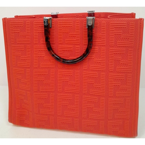 109 - A Fendi Coral Sunshine Tote Bag. Textile exterior with leather trim, silver-toned hardware and two r... 