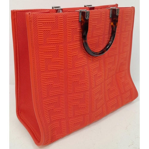 109 - A Fendi Coral Sunshine Tote Bag. Textile exterior with leather trim, silver-toned hardware and two r... 