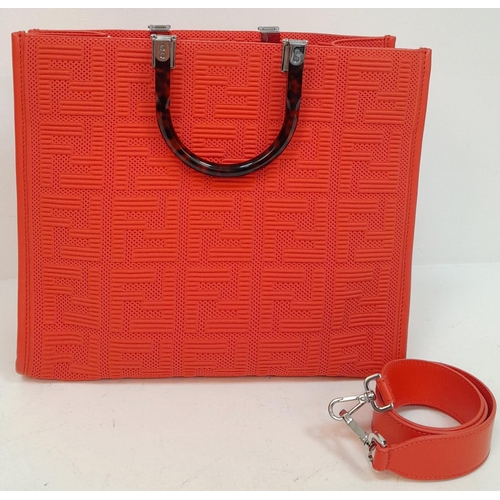 109 - A Fendi Coral Sunshine Tote Bag. Textile exterior with leather trim, silver-toned hardware and two r... 