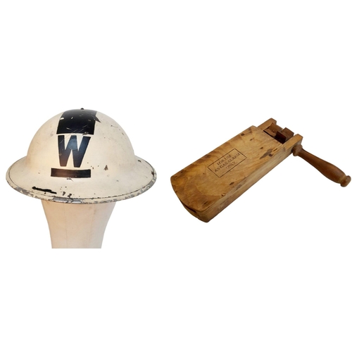 419 - WW2 British Homefront Air Raid Wardens Helmet and Gas Rattle Dated 1941