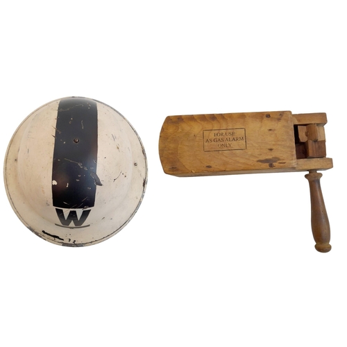 419 - WW2 British Homefront Air Raid Wardens Helmet and Gas Rattle Dated 1941