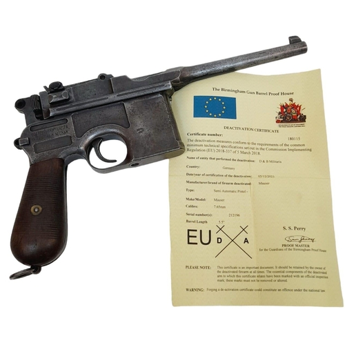 1 - An Antique Deactivated 1916 German 'Broomhandle' Mauser Pistol. In total original condition, with al... 